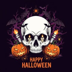 Spooky halloween illustration featuring a skull, jackolanterns, bats, spiders, and candles with the text happy halloween