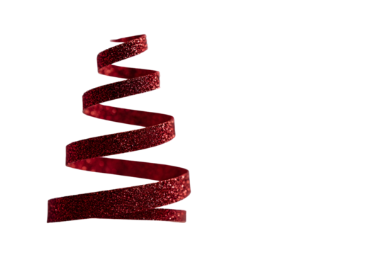 Festive sparkling red ribbon in spiral cone shape on black background