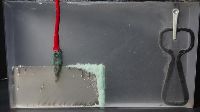 Timelapse view of electrolysis. Nickel plate deteriorates and collects mineral deposits.