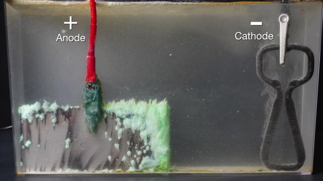 Timelapse of electroplating with anode and cathode labeled.
