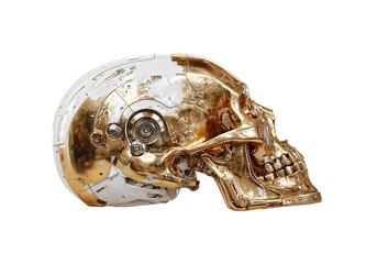 3d render of a golden skull with cybernetic parts profile view,