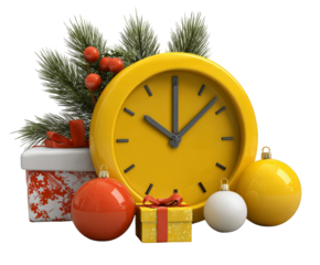 A bright yellow clock with christmas ornaments and pine branches, isolated on transparent background, symbolizing the approaching holiday season and the passage of time