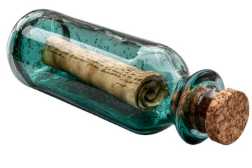 Vintage glass bottle with cork stopper and scroll for historical theme or decoration