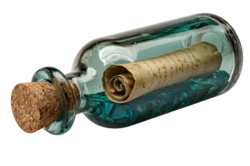 Vintage glass bottle with cork stopper and rolled parchment inside