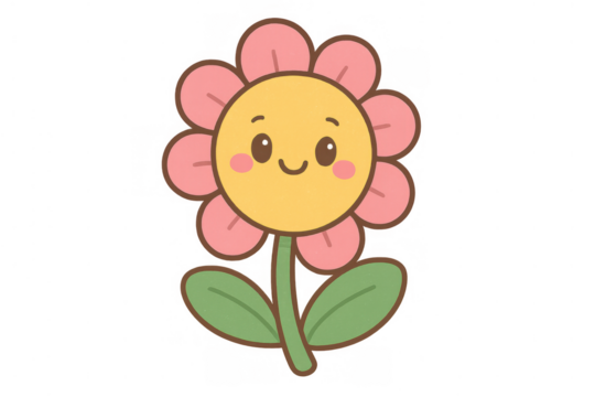 Kawaii smiling flower cartoon character depicting happiness and cuteness, transparent background