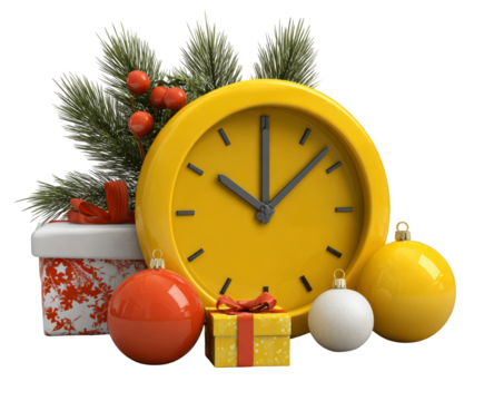 A bright yellow clock with christmas ornaments and pine branches, isolated on transparent background, symbolizing the approaching holiday season and the passage of time