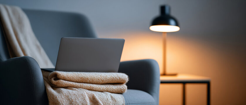 Cozy home workspace with laptop on knitted blanket draped over armchair and warm table lamp in soft focus background - Powered by Adobe