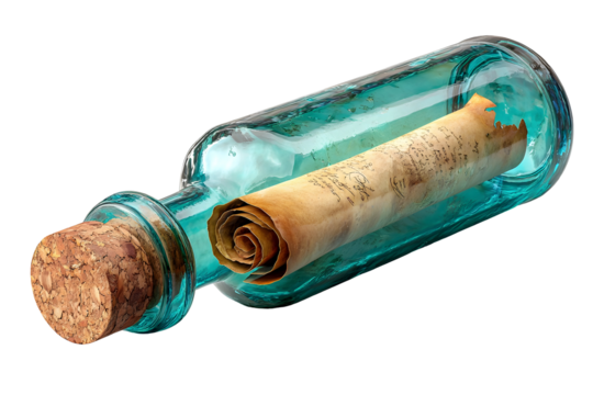 Vintage glass bottle with cork and rolled parchment inside isolated on black