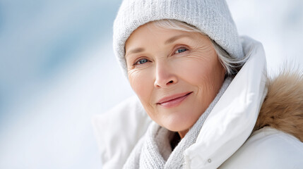Obraz premium Elderly woman in a thick white parka and cozy knit hat smiles warmly, surrounded by a soft winter landscape, embodying warmth and comfort in cold weather