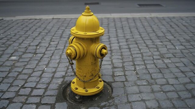 A vibrant yellow fire hydrant stands prominently on a textured cobblestone street or sidewalk in an urban setting. The distinctive bright color of the municipal utility contrasts sharply with the mute