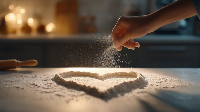 Sprinkled Love: A hand delicately sprinkles flour over a heart-shaped outline on a rustic countertop, crafting a sweet culinary gesture of affection and passion. - Powered by Adobe