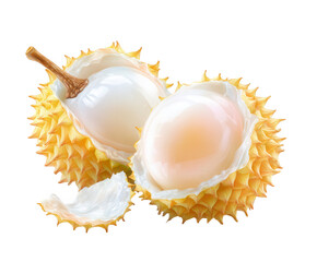 Obraz premium Fresh lychee fruit, one cut in half to reveal the juicy white flesh and seed, isolated on transparent background