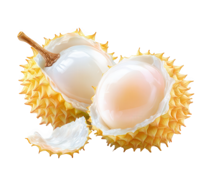 Fresh lychee fruit, one cut in half to reveal the juicy white flesh and seed, isolated on transparent background
