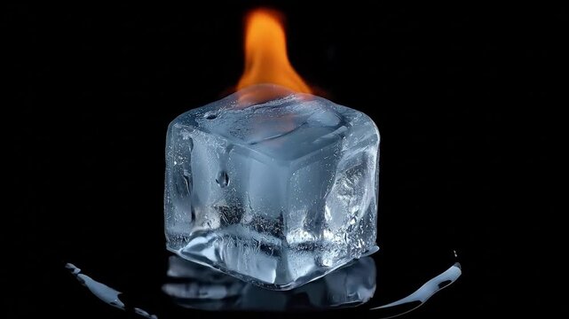 A vivid orange flame burns intensely on the surface of a perfectly clear ice cube, creating a mesmerizing visual paradox against a deep black background. Water droplets glisten and slowly run down the