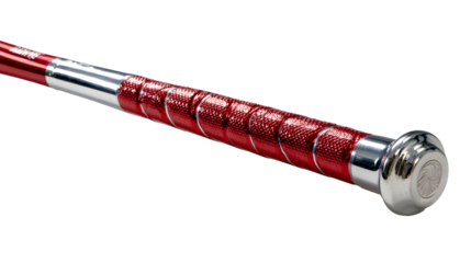 Shiny chrome aluminum baseball bat with textured red grip for sports enthusiasts