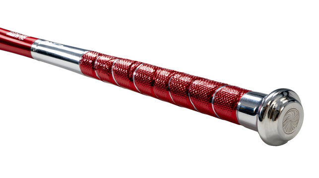 Shiny chrome aluminum baseball bat with textured red grip for sports enthusiasts