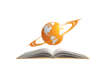 Knowledge and learning concept with glowing orange globe emerging from open book