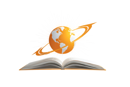 Knowledge and learning concept with glowing orange globe emerging from open book