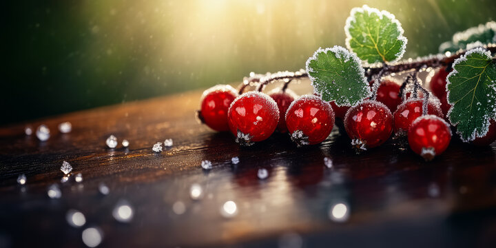 Macro Shot of Frosted Red Berries on a Wooden Surface with Ice Crystals and Sunlight