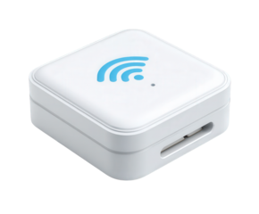 A small white square electronic device with a blue wifi symbol on top, isolated on a transparent background