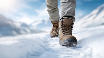 Man hiking in snowy mountains, wearing sturdy boots, navigating a winter trail, surrounded by breathtaking landscapes and clear blue skies, showcasing outdoor adventure and exploration