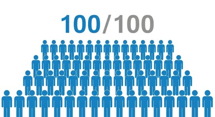 A large group of blue people icons forming a pyramid shape with the text 100100 at the top, isolated on white background
