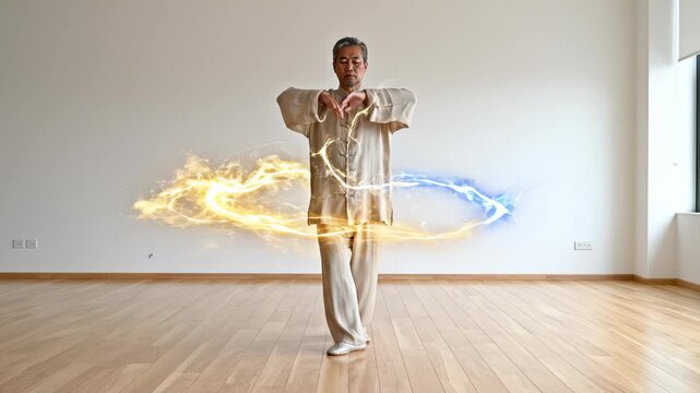 Man Practices Tai Chi With Electric Energy in Bright Room