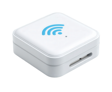 A small white square electronic device with a blue wifi symbol on top, isolated on a transparent background
