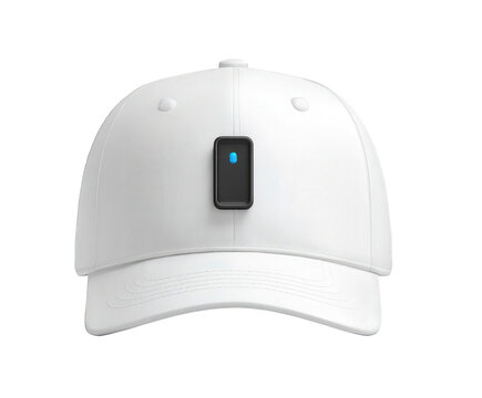 A white baseball cap with a small black electronic device attached to the front, isolated on a transparent background