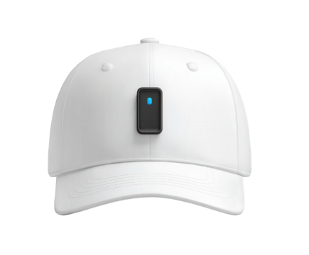 A white baseball cap with a small black electronic device attached to the front, isolated on a transparent background