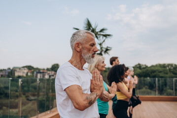 Old bearded man stands in yoga tree asana with multiethnic group on hotel terrace