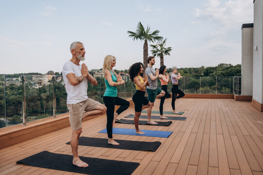Trained multicultural sportspeople stand in yoga tree positions on hotel rooftop