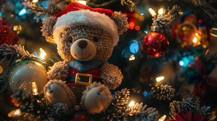 Part of the Christmas tree decorated with aesthetic toys. New Year's background. Christmas decor. Christmas background. Holiday. Decorated Christmas tree. Christmas tree with red balls.