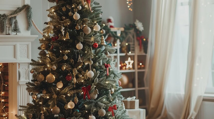 Christmas tree in the home Christmas interior. Beautiful Christmas background. Fireplace Lights Decoration, Hanging Socks. Garland. Gifts. Holiday decor. New Year's card	
