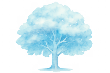 Winter tree illustration displaying blue watercolor texture and frosty ethereal branches on transparent background