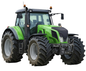 Obraz premium A modern green tractor with large tires, isolated on a transparent background, representing agricultural machinery and farming