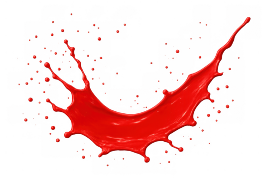 Red paint splashing with dynamic motion, vibrant liquid droplets scattering, transparent background, abstract movement