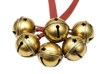 Isolated vintage antique brass sleigh bells on a strap festive jingle bells ornament décor