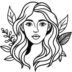 Woman face line art nature leaves