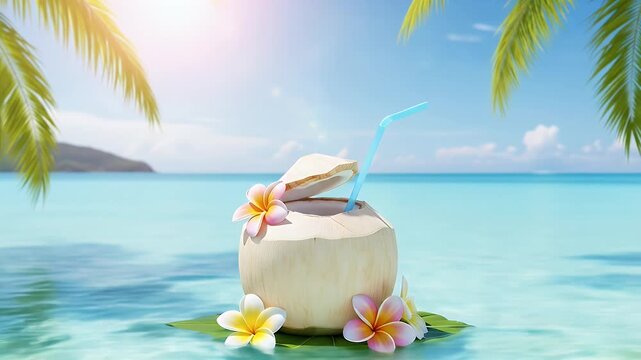 Idyllic Tropical Paradise Scene with a Coconut Cocktail Floating on Shimmering Turquoise Water