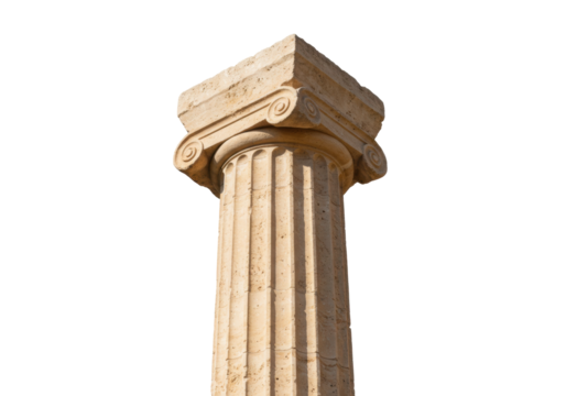 Isolated Ionic column fragment with fluted shaft and volute capital architectural detail