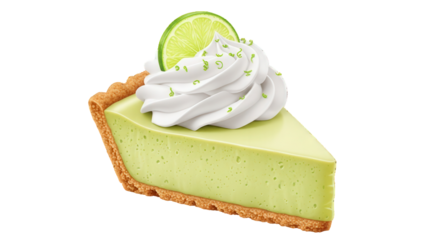A delicious slice of key lime pie with whipped cream and a lime slice on top, isolated on a transparent background