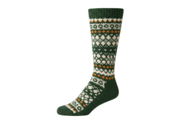 Isolated green sock with Scandinavian pattern and white ornaments winter clothes item
