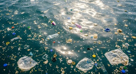 Close-up view of floating plastic debris and microbeads on calm blue ocean surface under warm sunlight, concept of water pollution, waste accumulation, and marine ecosystem impact