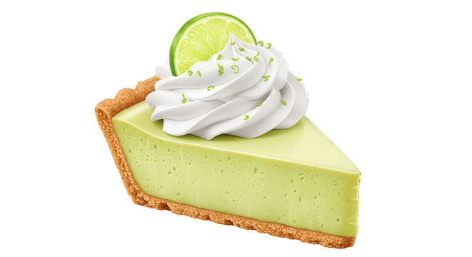 A delicious slice of key lime pie with whipped cream and a lime slice on top, isolated on a transparent background