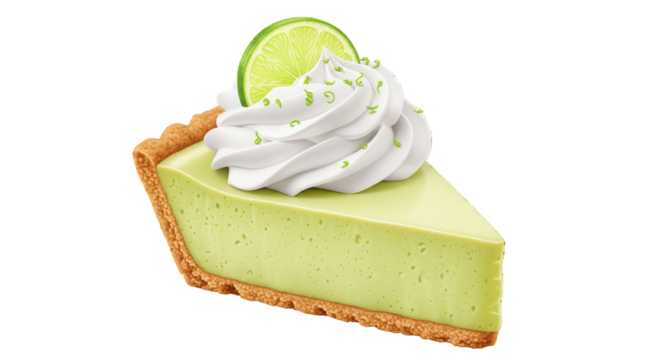 A delicious slice of key lime pie with whipped cream and a lime slice on top, isolated on a transparent background