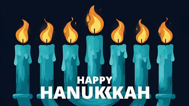 Pixelated Hanukkah Illustration with Burning Candles in Teal and Orange Against a Dark Blue Background