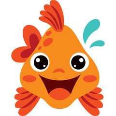 Close up of a happy cartoon goldfish with big black eyes orange fins and a wide open mouth splashing water in white background