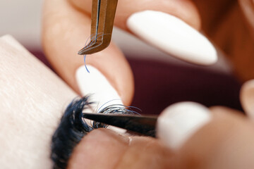 Close-up of a skilled beauty technician applying eyelash extensions with precision using tweezers, showcasing meticulous craftsmanship in a beauty salon environment
