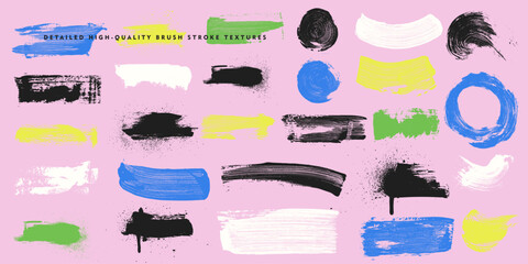 Set of detailed high quality brush stroke textures. Paintbrush text boxes. Grunge design elements vector. Brush colored texture banners. Painted round, long and diagonal strokes, circle, rectangle.